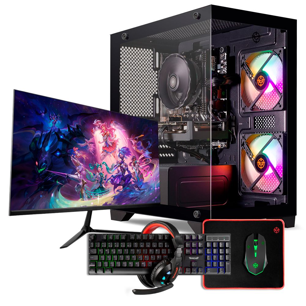 PC Gamer Completo Fenrir III, AMD Ryzen 5 5500, Radeon RX 580 8GB, 16GB DDR4, SSD 480GB + Monitor + Kit Periféricos